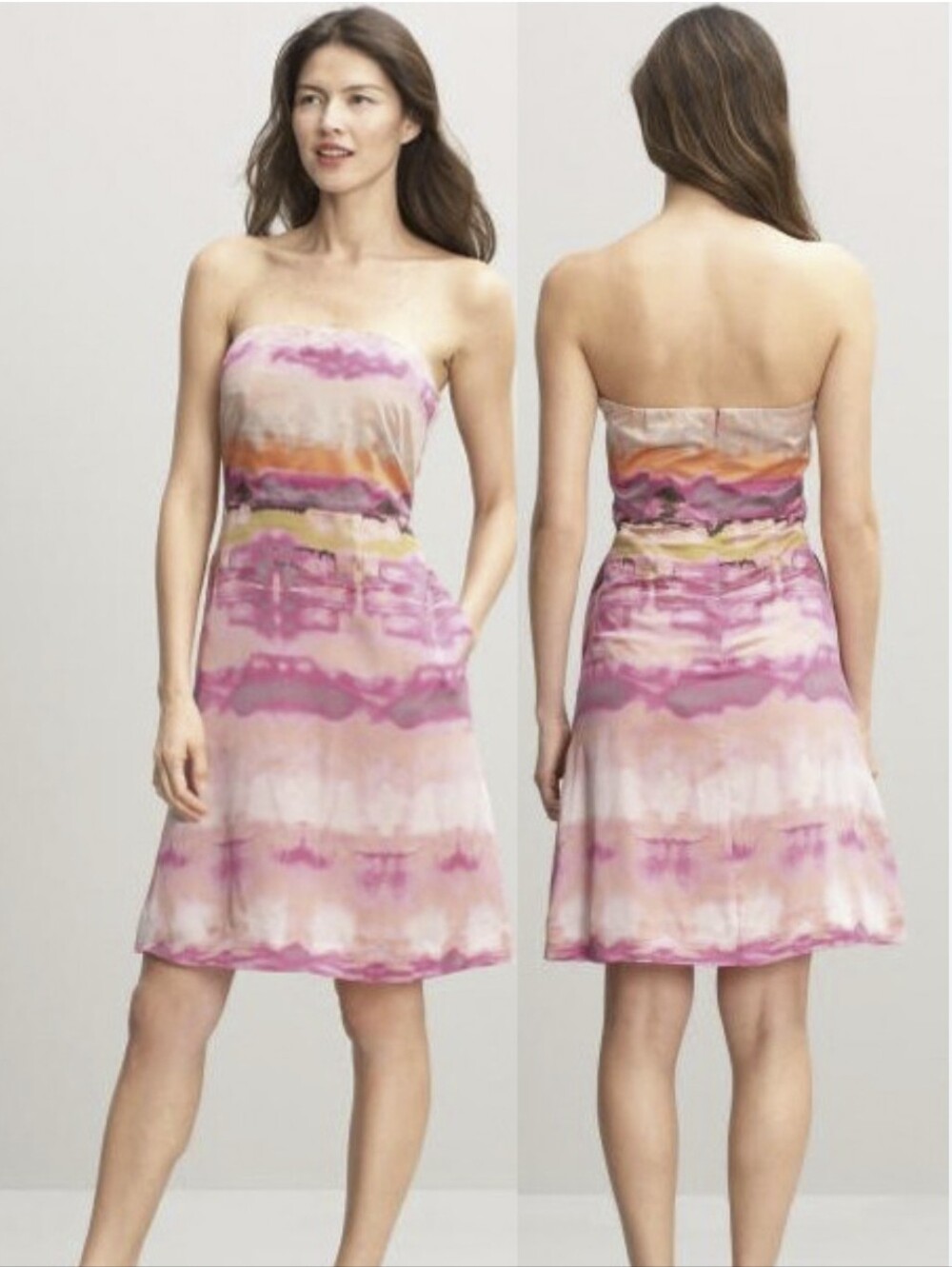 NWT BANANA REPUBLIC 100% silk strapless dress Sz 12 pink coral watercolor ombre